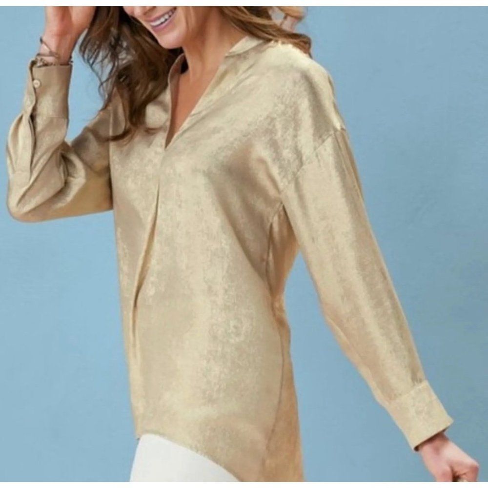 Soft Surrounding Gigi Gold Split Neck Hi-Low Long Sleeve Shirt Size L